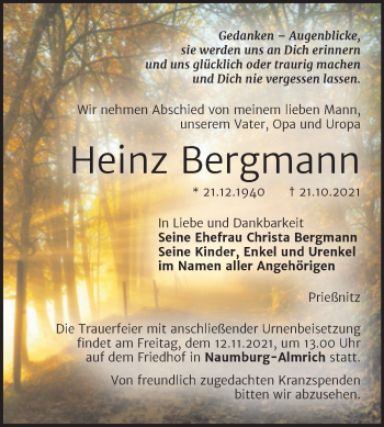 Traueranzeige von Heinz Bergmann von Naumburger Tageblatt