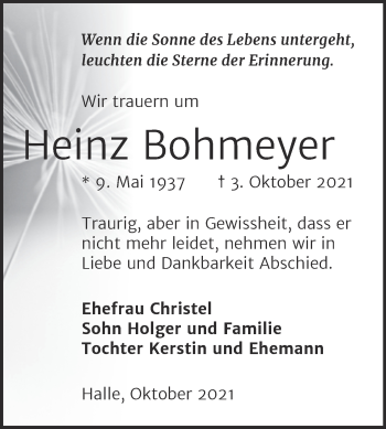 Traueranzeige von Heinz Bohmeyer von Mitteldeutsche Zeitung Halle/Saalkreis