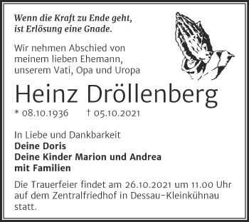 Traueranzeige von Heinz Dröllenberg von Trauerkombi Dessau