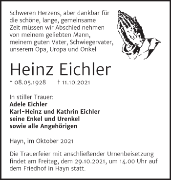 Traueranzeige von Heinz Eichler von Trauerkombi Sangerhausen