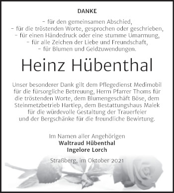 Traueranzeige von Heinz Hübenthal von Trauerkombi Quedlinburg