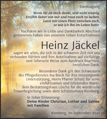 Traueranzeige von Heinz Jäckel von Trauerkombi Wittenberg