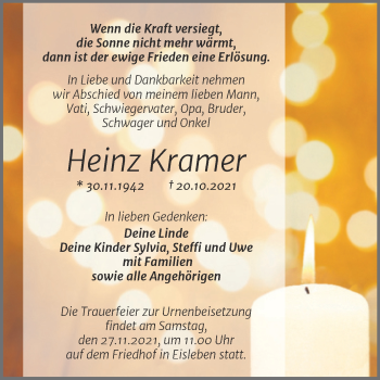 Traueranzeige von Heinz Kramer von Trauerkombi Mansfelder Land