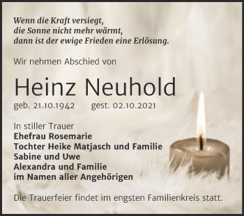 Traueranzeige von Heinz Neuhold von Trauerkombi Bitterfeld