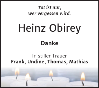 Traueranzeige von Heinz Obirey von Trauerkombi Aschersleben