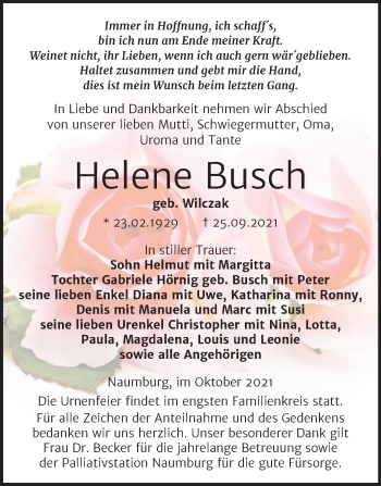 Traueranzeige von Helene Busch von Wochenspiegel Naumburg/Nebra