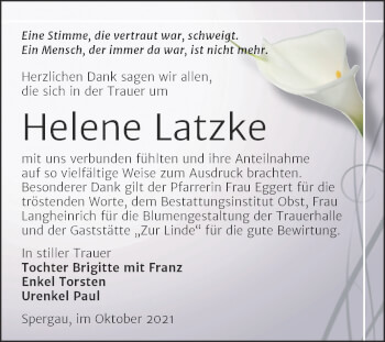 Traueranzeige von Helene Latzke von Trauerkombi Merseburg