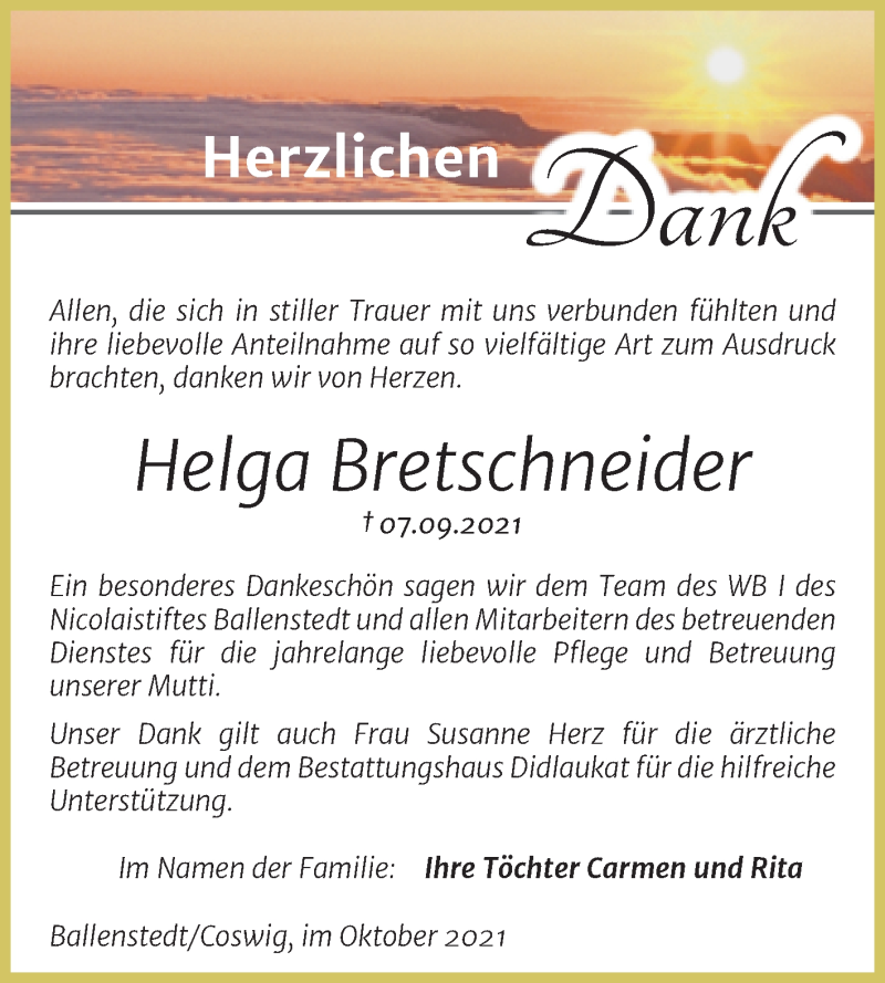  Traueranzeige für Helga Bretschneider vom 16.10.2021 aus Mitteldeutsche Zeitung Quedlingburg