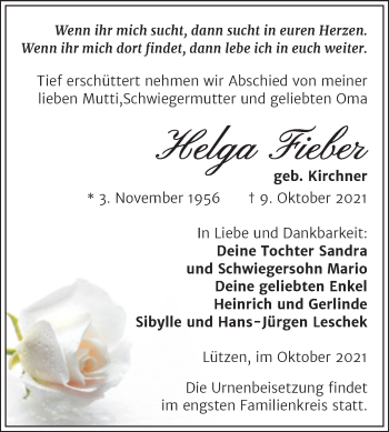 Traueranzeige von Helga Fieber von Trauerkombi Weißenfels