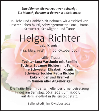 Traueranzeige von Helga Richter von Super Sonntag Quedlingburg