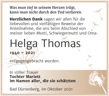 Traueranzeige von Helga Thom von Trauerkombi Merseburg