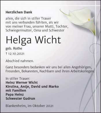 Traueranzeige von Helga Wicht von Trauerkombi Sangerhausen