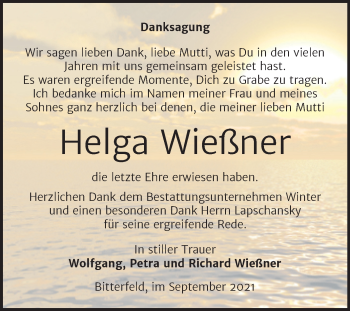 Traueranzeige von Helga Wießner von Trauerkombi Bitterfeld