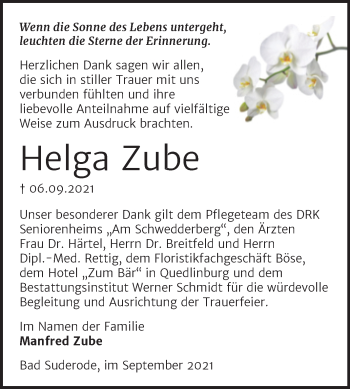 Traueranzeige von Helga Zube von Trauerkombi Quedlinburg
