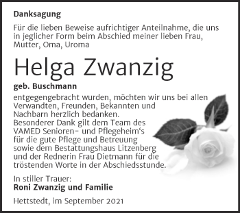 Traueranzeige von Helga Zwanzig von Trauerkombi Mansfelder Land