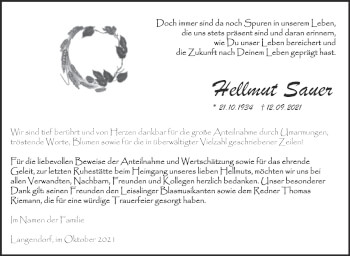 Traueranzeige von Hellmut Sauer von Trauerkombi Weißenfels