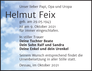 Traueranzeige von Helmut Feix von Trauerkombi Dessau