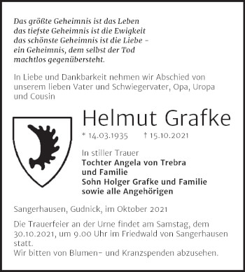 Traueranzeige von Helmut Grafke von Trauerkombi Sangerhausen