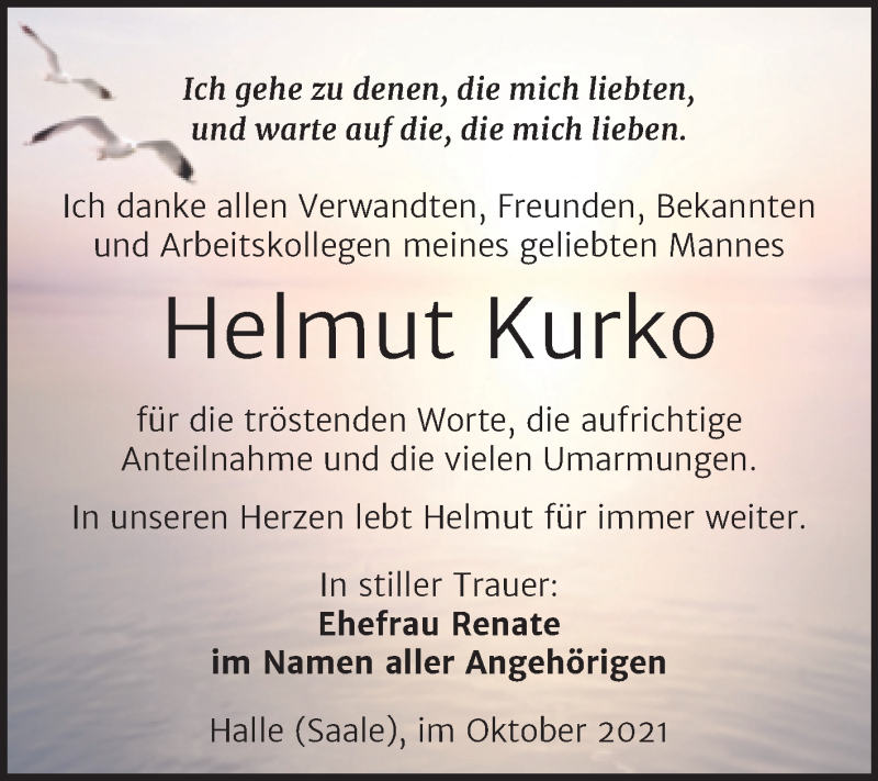  Traueranzeige für Helmut Kurko vom 30.10.2021 aus Mitteldeutsche Zeitung Halle/Saalkreis