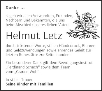 Traueranzeige von Helmut Letz von Trauerkombi Wittenberg