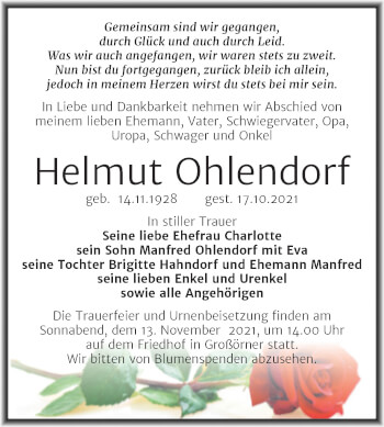 Traueranzeige von Helmut Ohlendorf von Trauerkombi Mansfelder Land
