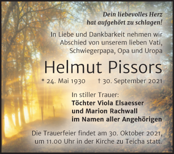 Traueranzeige von Helmut Pissors von Mitteldeutsche Zeitung Halle/Saalkreis