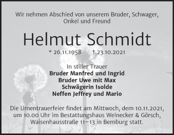 Traueranzeige von Helmut Schmidt von Trauerkombi Bernburg