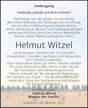 Traueranzeige von Helmut Witzel von Trauerkombi Quedlinburg