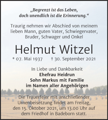 Traueranzeige von Helmut Witzel von Trauerkombi Quedlinburg