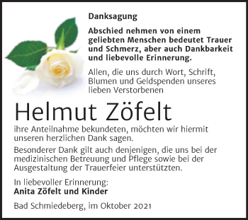 Traueranzeige von Helmut Zöfelt von Trauerkombi Wittenberg