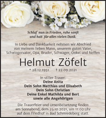 Traueranzeige von Helmut Zöfelt von Trauerkombi Wittenberg