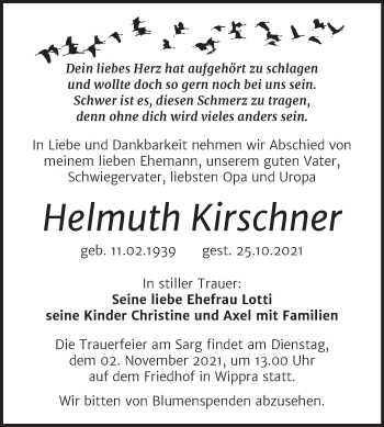Traueranzeige von Helmuth Kirschner von Mitteldeutsche Zeitung Mansfelder Land