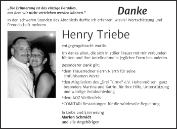 Traueranzeige von Henry Triebe von Trauerkombi Weißenfels