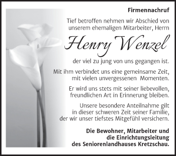 Traueranzeige von Henry Wenzel von Super Sonntag Zeitz