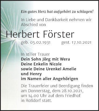 Traueranzeige von Herbert Förster von Trauerkombi Bitterfeld
