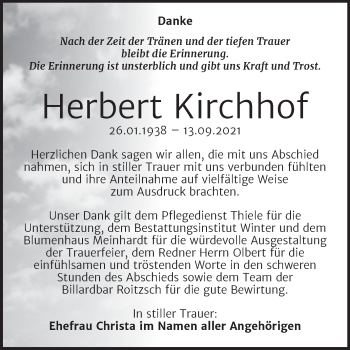 Traueranzeige von Herbert Kirchhof von Trauerkombi Bitterfeld