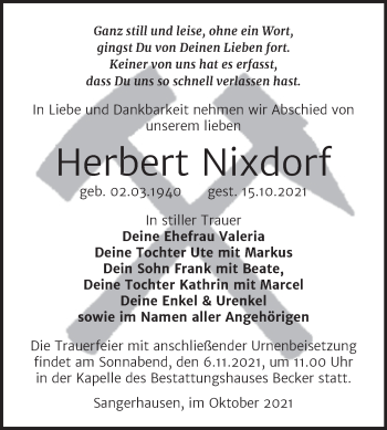 Traueranzeige von Herbert Nixdorf von Trauerkombi Sangerhausen