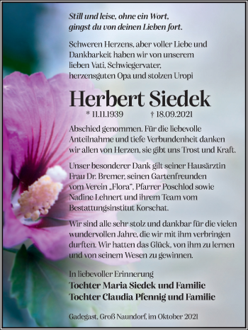 Traueranzeige von Herbert Siedek von Trauerkombi Wittenberg