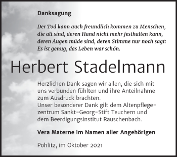 Traueranzeige von Herbert Stadelmann von Naumburger Tageblatt