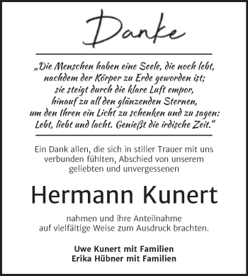 Traueranzeige von Hermann Kunert von Trauerkombi Wittenberg