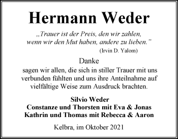 Traueranzeige von Hermann Weder von Trauerkombi Sangerhausen