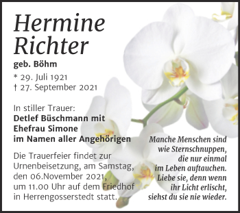 Traueranzeige von Hermine Richter von Wochenspiegel Naumburg/Nebra