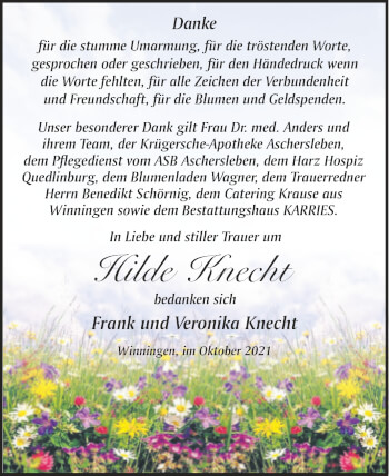 Traueranzeige von Hilde Knecht von Trauerkombi Aschersleben
