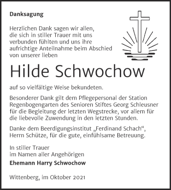 Traueranzeige von Hilde Schwochow von Trauerkombi Wittenberg