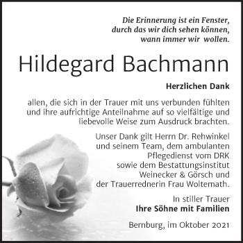 Traueranzeige von Hildegard Bachmann von Trauerkombi Bernburg