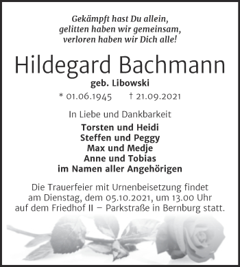 Traueranzeige von Hildegard Bachmann von Trauerkombi Bernburg