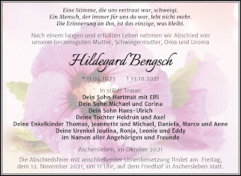 Traueranzeige von Hildegard Bengsch von Trauerkombi Aschersleben