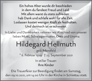 Traueranzeige von Hildegard Hellmuth von Mitteldeutsche Zeitung Halle/Saalkreis