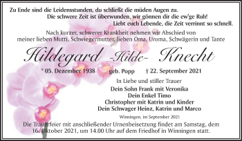 Traueranzeige von Hildegard Knecht von Trauerkombi Aschersleben