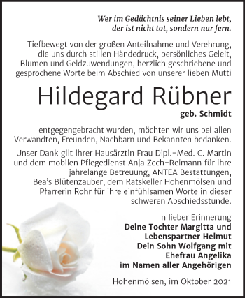 Traueranzeige von Hildegard Rübner von Trauerkombi Weißenfels